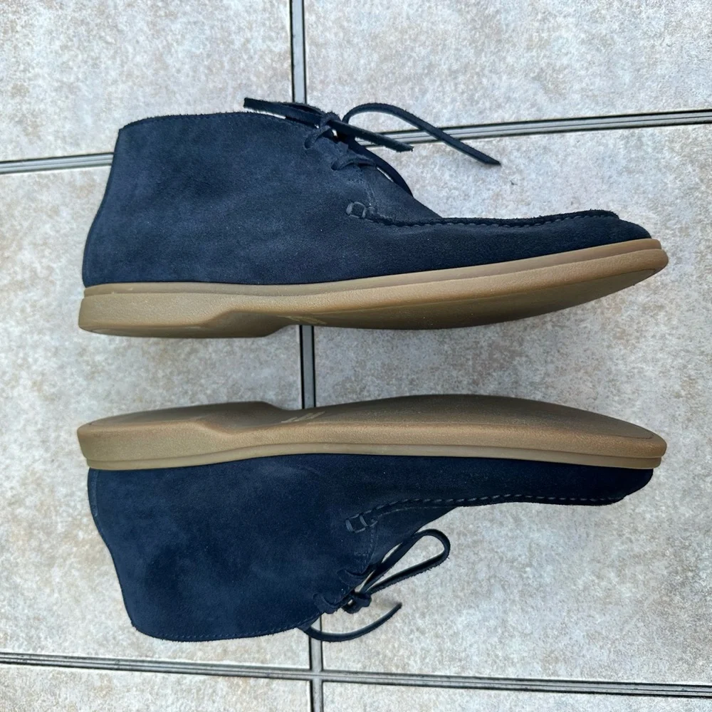 Brunello Cucinelli Navy Suede Chukka Boots with Tan Sole
